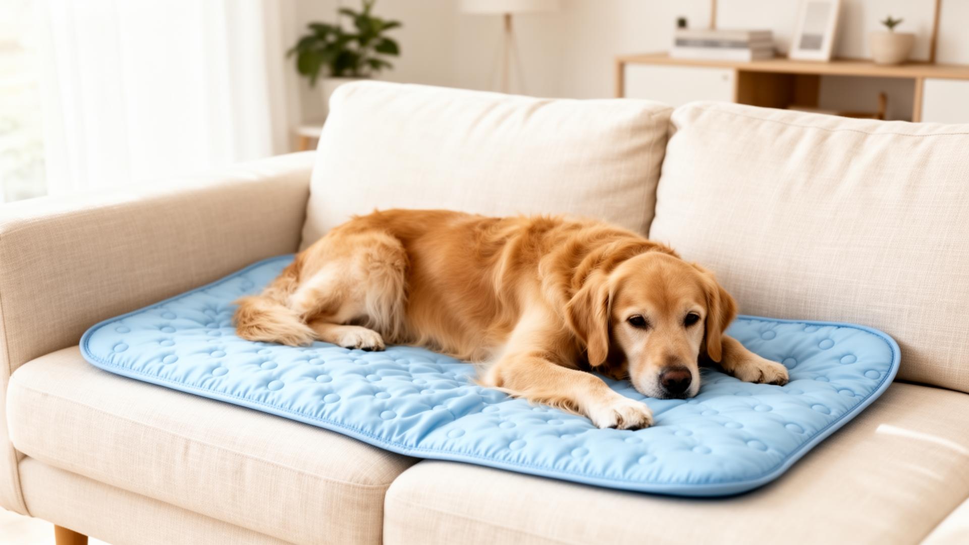 PIMO Cool Mobile kühlende Hundedecke auf einem Sofa